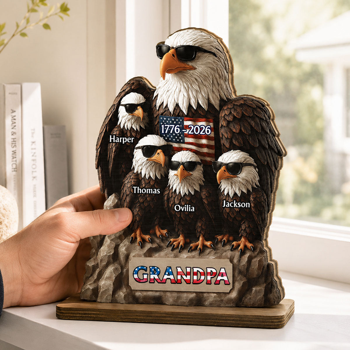 America 250th Anniversary Patriotic Eagle Grandpa Dad & Kids - Personalized 2-Layered Wooden Plaque - Father's Day Gift, 250th Anniversary Gift, Keepsake For Grandpa, Dad