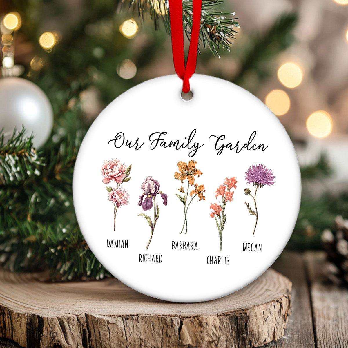Grandma's Garden Birth Month Flower Family Personalized Ceramic Ornament, Birthday Christmas Gift For Grandma, Mom, Mother-in-law