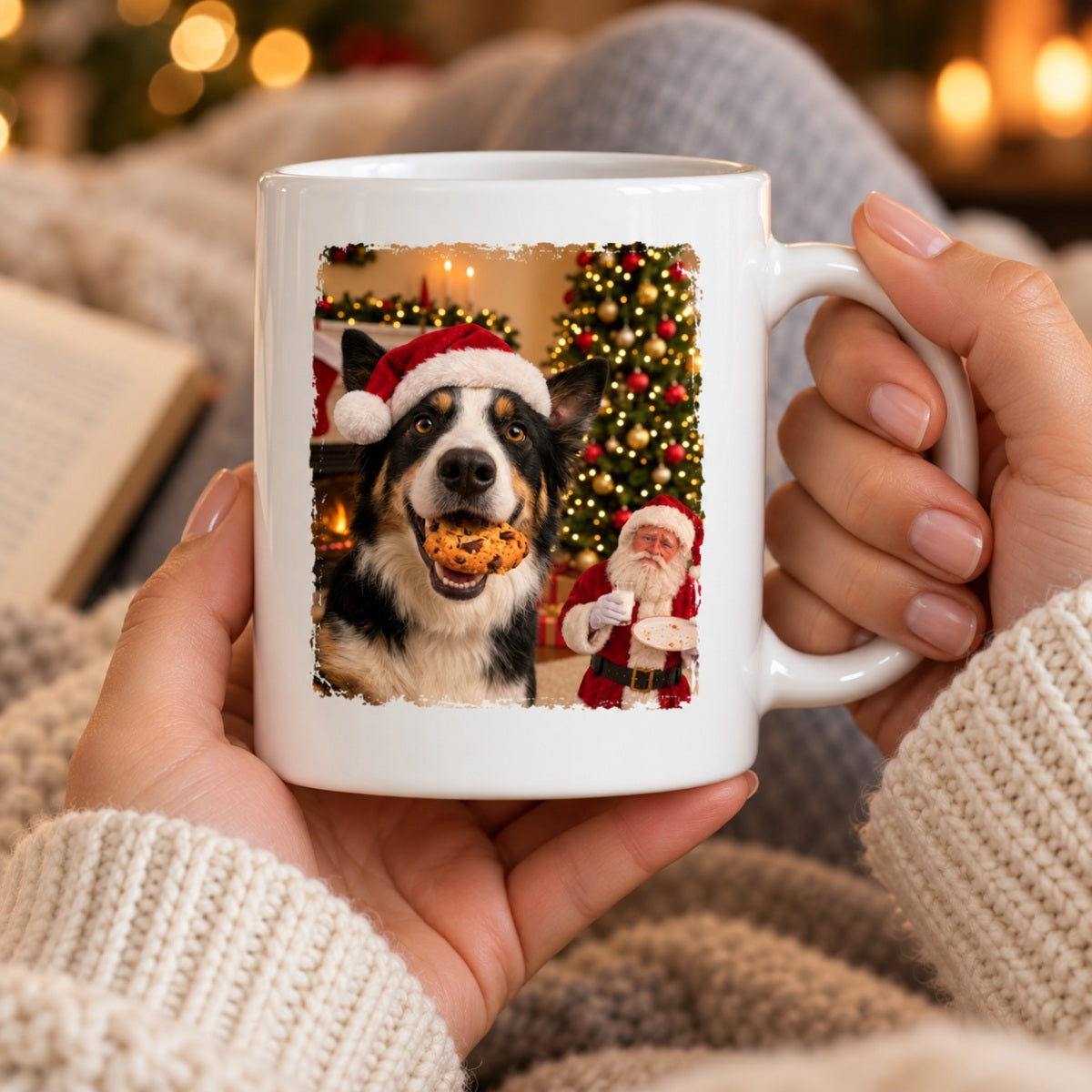 Dog Cat Steal Cookie From Santa Upload Pet Photo - Personalized Mug- Funny Christmas Gift For Dog Lovers, Cat Lovers, Pet Lovers