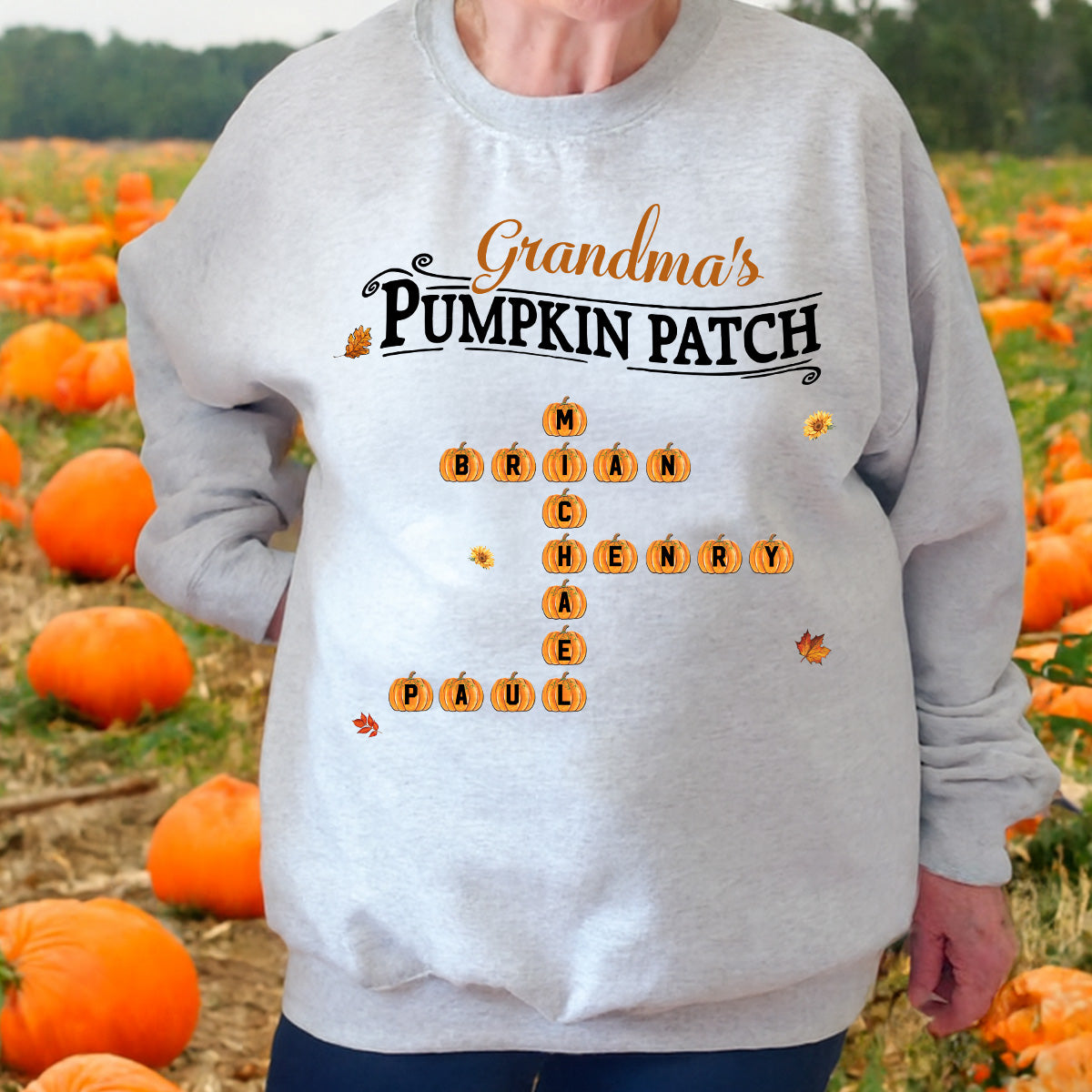 Grandma's Pumpkin Patch Cute Crossword Puzzle Fall Season Personalized Sweatshirt