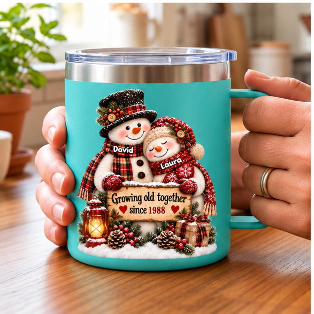 Snowman Couple Hugging Growing Old Together - Personalized Stainless Steel Tumbler With Handle - Heartfelt Christmas Gift for Her, for Him