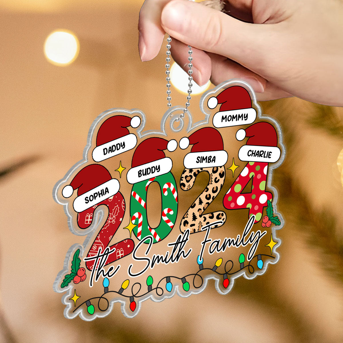 Family 2024 Christmas Pattern Santa Hat Personalized Acrylic Ornament, Christmas Gift for Children, Husband, Dad, Mom