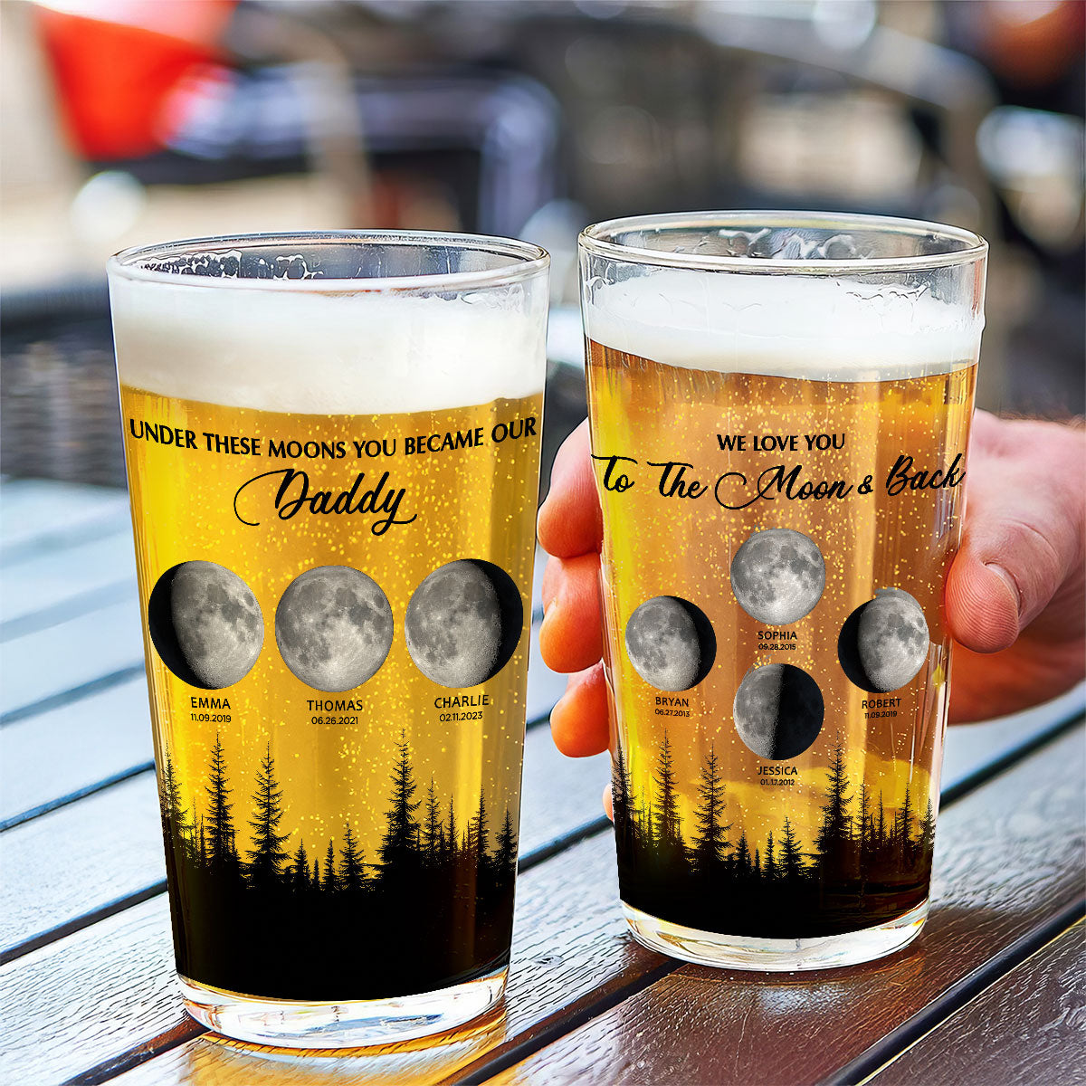 Under These Moon You Became Our Dad Grandpa Birth Moon Phase Art Personalized Beer Glass, Father's Day Gift