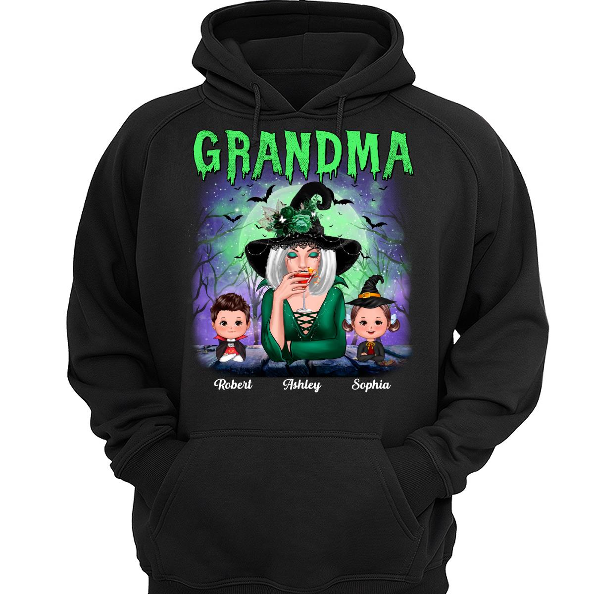 Halloween Neon Green And Purple Grandma With Grandkids Personalized Shirt