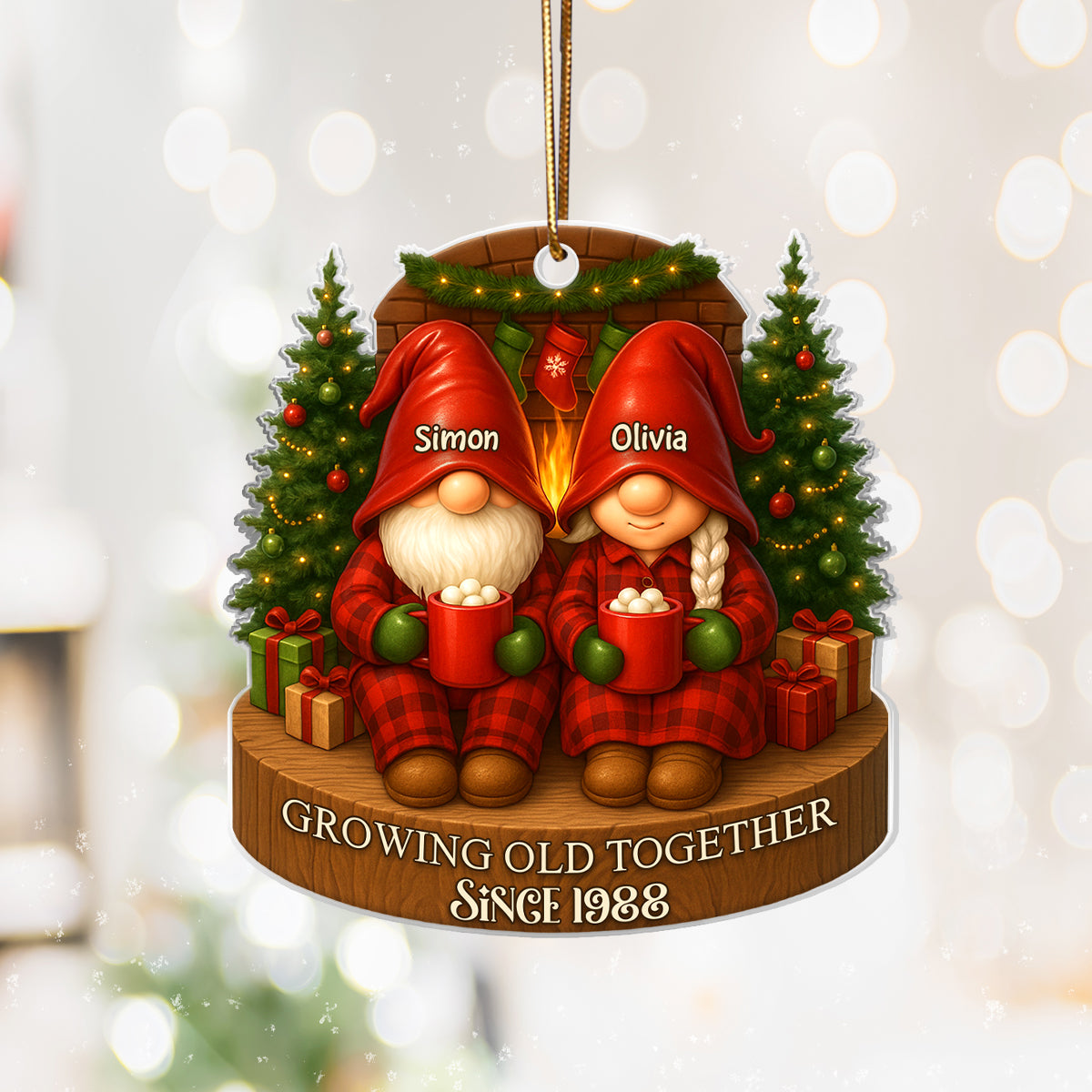 Gnome Couple With Hot Cocoa - Personalized Acrylic Ornament - Special Christmas Gift For Grandma, Grandpa, For Her, For Him