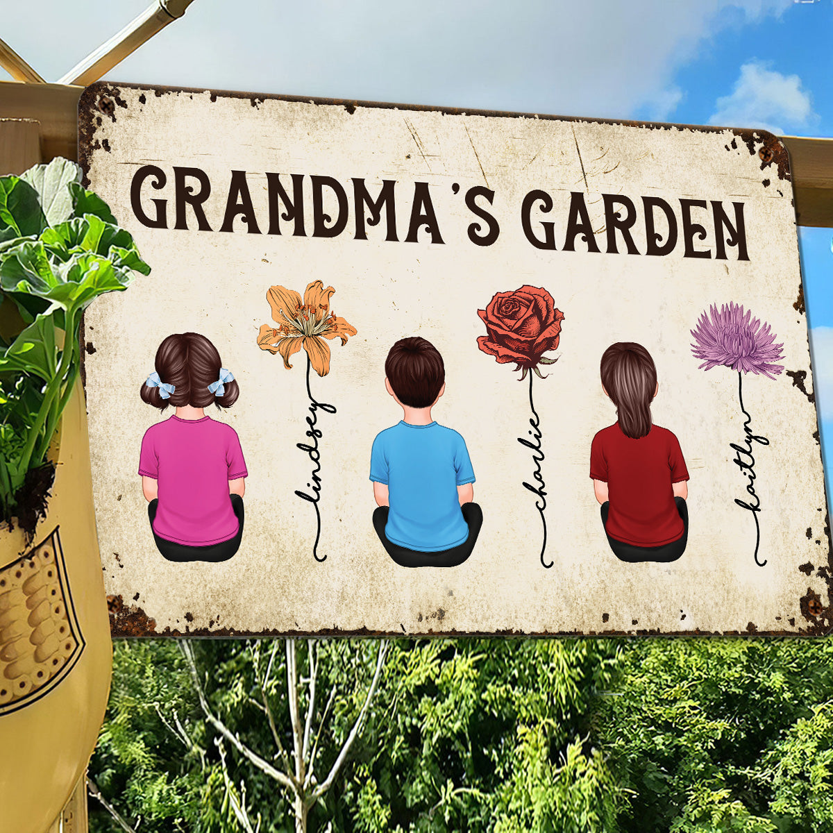 Grandkids Sitting Grandma Garden Vintage Birth Month Flowers Personalized Metal Sign