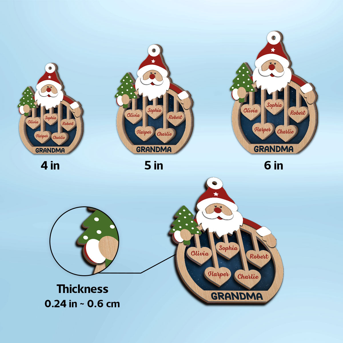 Grandma's Sweethearts Santa Claus Personalized Christmas 2-Layer Wooden Ornament