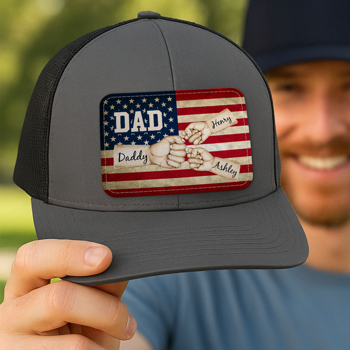 Dad Grandpa Papa Fist Bumps Nation Flag Personalized Leather Patch Hat