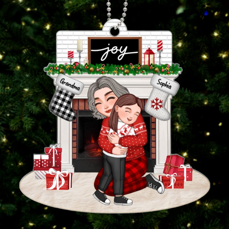 Grandma Grandkid Sitting By Fireplace Personalized Acrylic Ornament