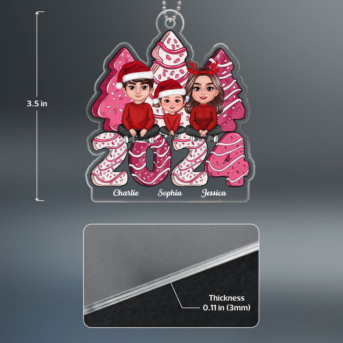 Family Crossed Legs Sitting Pink Christmas Tree Cake Patterned Personalized Acrylic Ornament