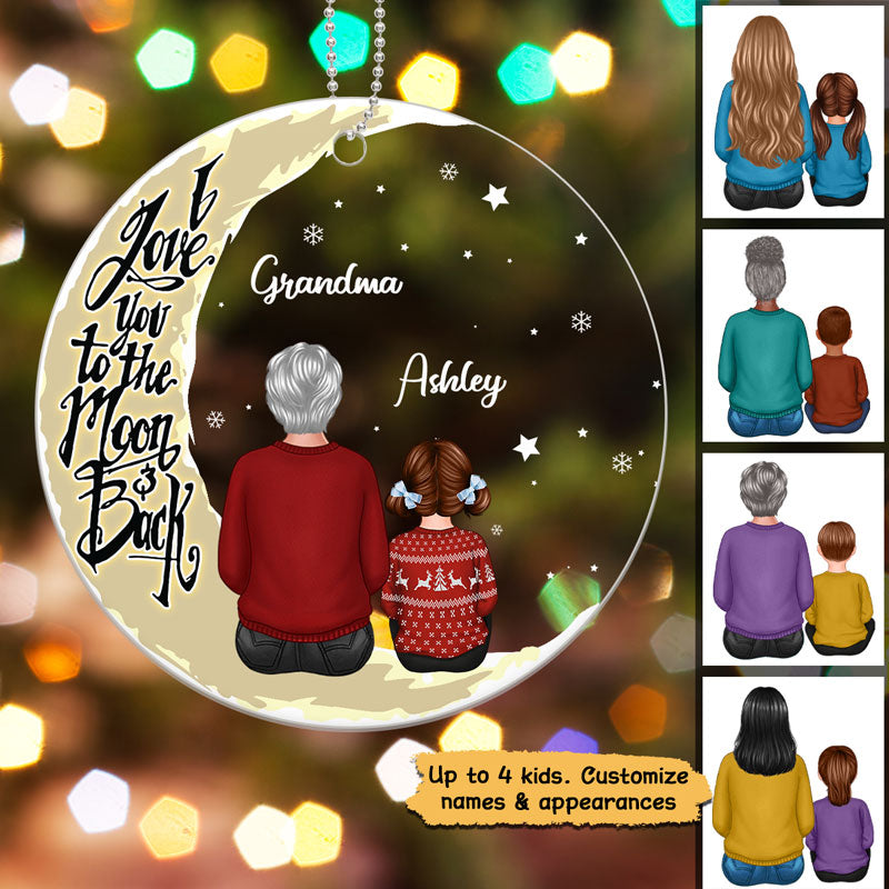 Grandma & Grandkids On Moon Back View Personalized Acrylic Ornament