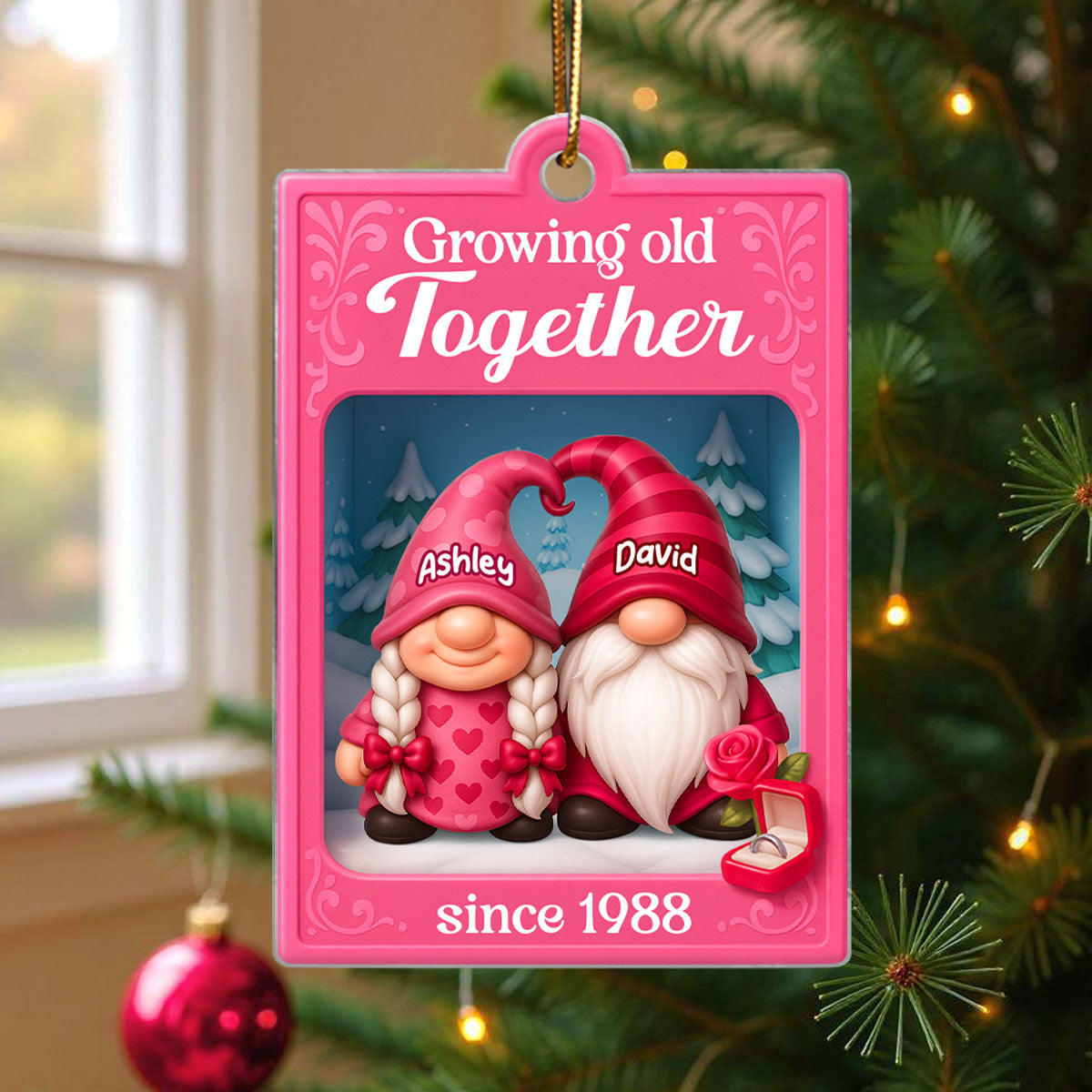 Growing Old Together Pink Gnome Couples Action Figure - Personalized Acrylic Ornament - Unique Christmas Gift For Old Couples, For Wife, For Husband