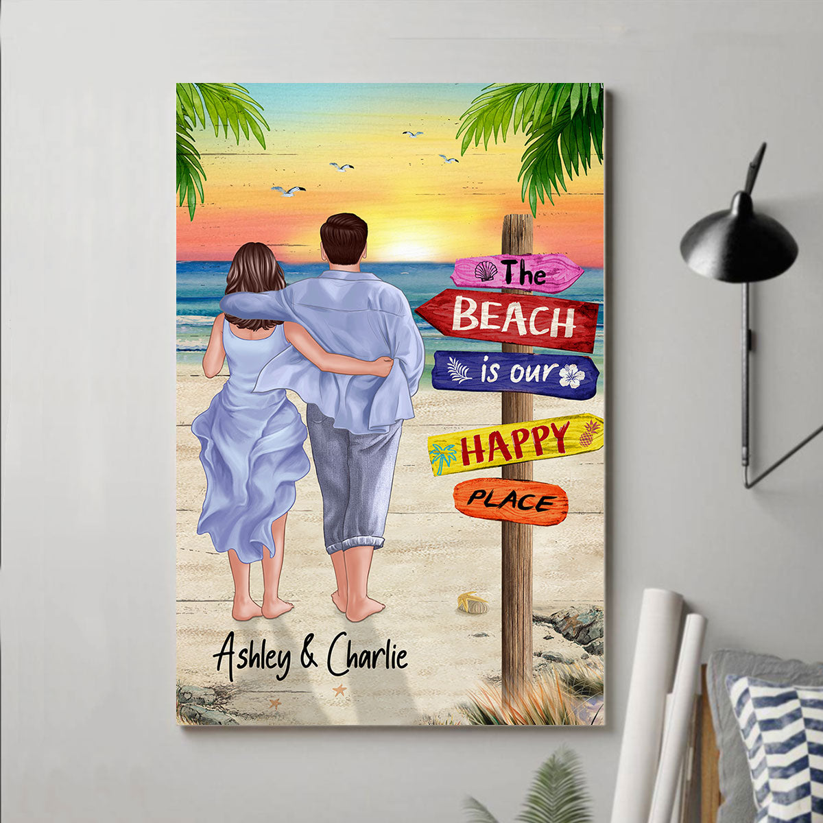 Back View Couple Walking On The Beach Our Happy Place Personalized Vertical Poster