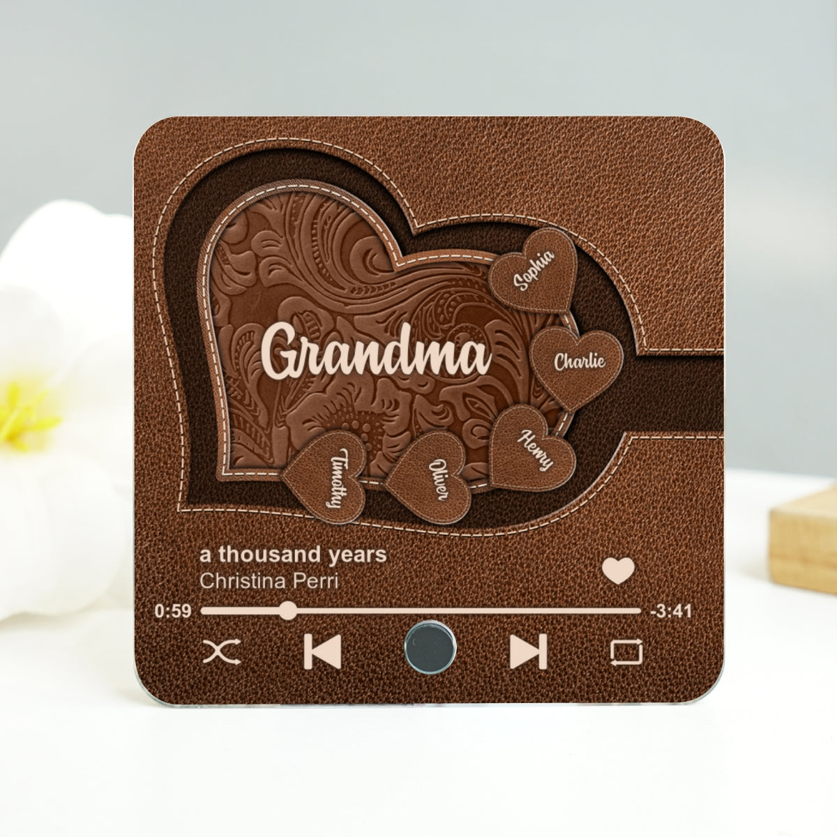 Grandma's Little Sweethearts, Leather Effect Printed Personalized Music Fridge Magnet, Custom Any Song You Want, Birthday, Gift for Grandma