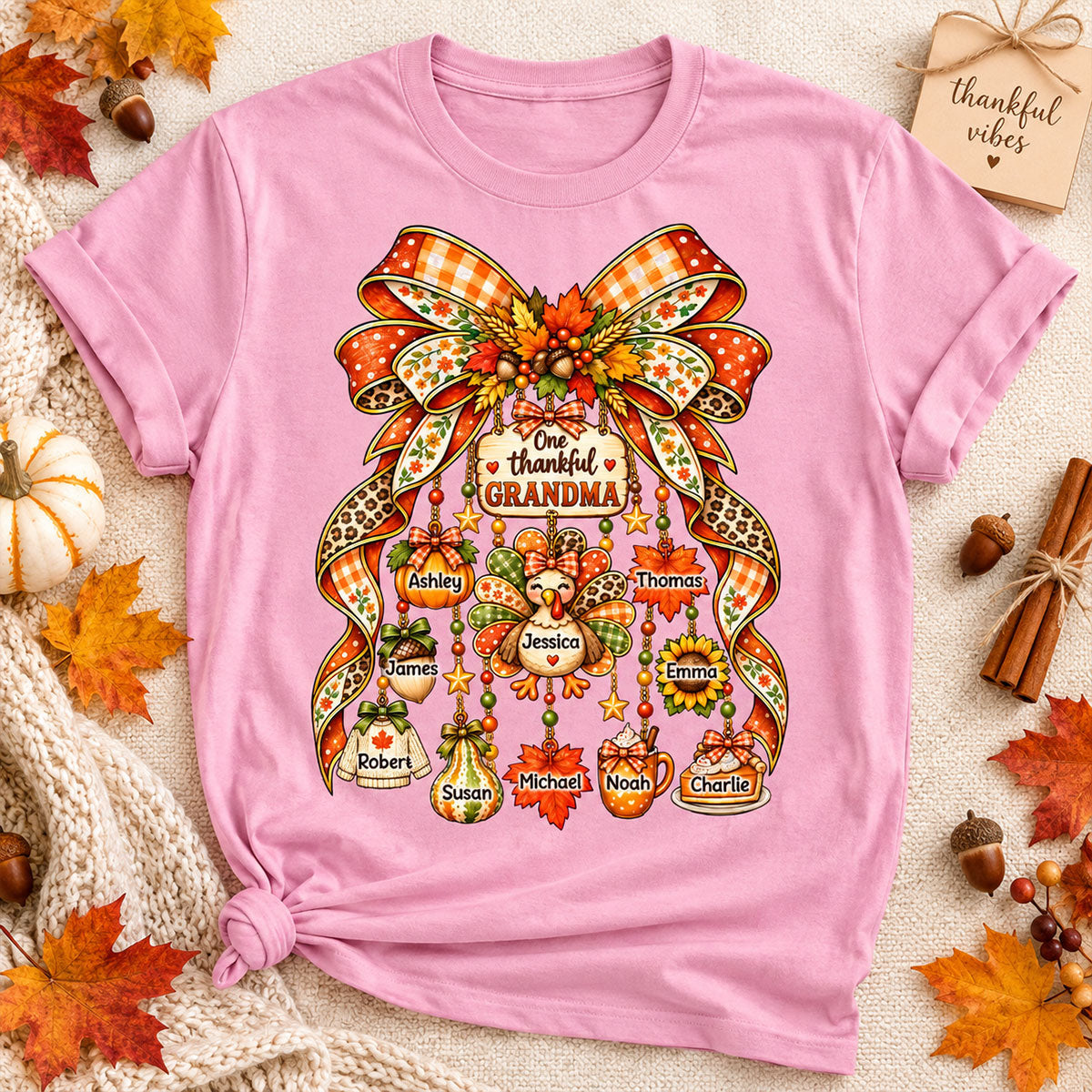 One Thankful Grandma Fall Thanksgiving Charm Bow - Personalized Shirt - Gift for Grandma