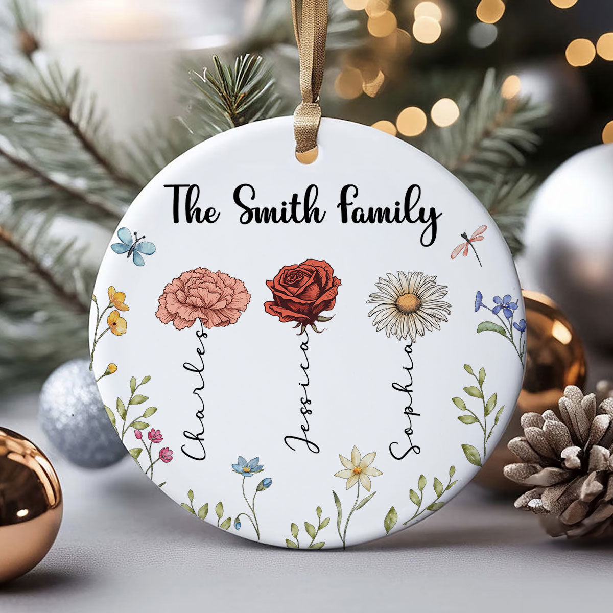 Family Birth Flower Personalized Ceramic Ornament, Christmas Gift For Family, Daughter, Son