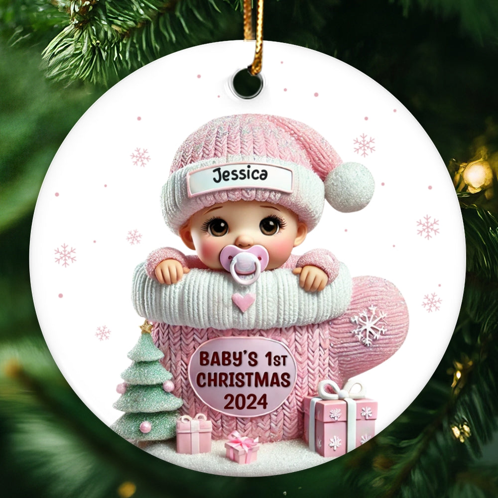 Baby In Mitten 3D Effect Baby's First Christmas Personalized Ceramic Flat Ornament