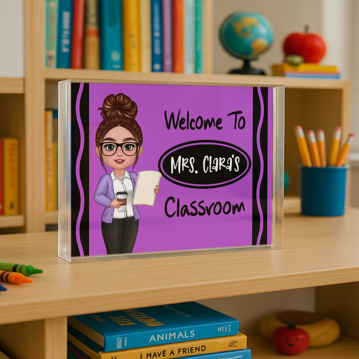 Teacher Crayon Welcome To Classroom Personalized Rectangle Acrylic Block Plaque