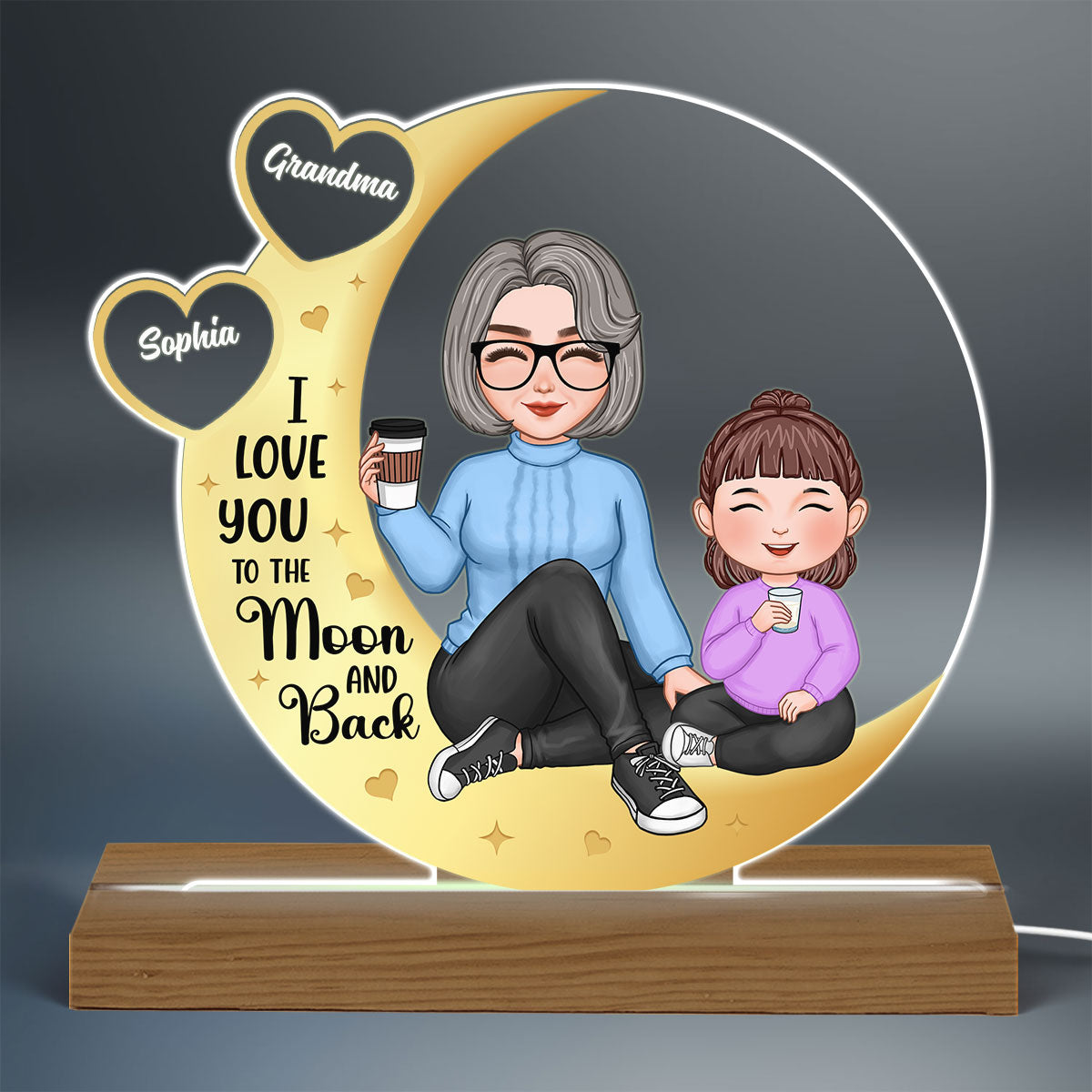 Love You To The Moon Yellow Moon Hearts Cute Grandma & Grandkid Sitting Personalized Acrylic Plaque With LED Night Light