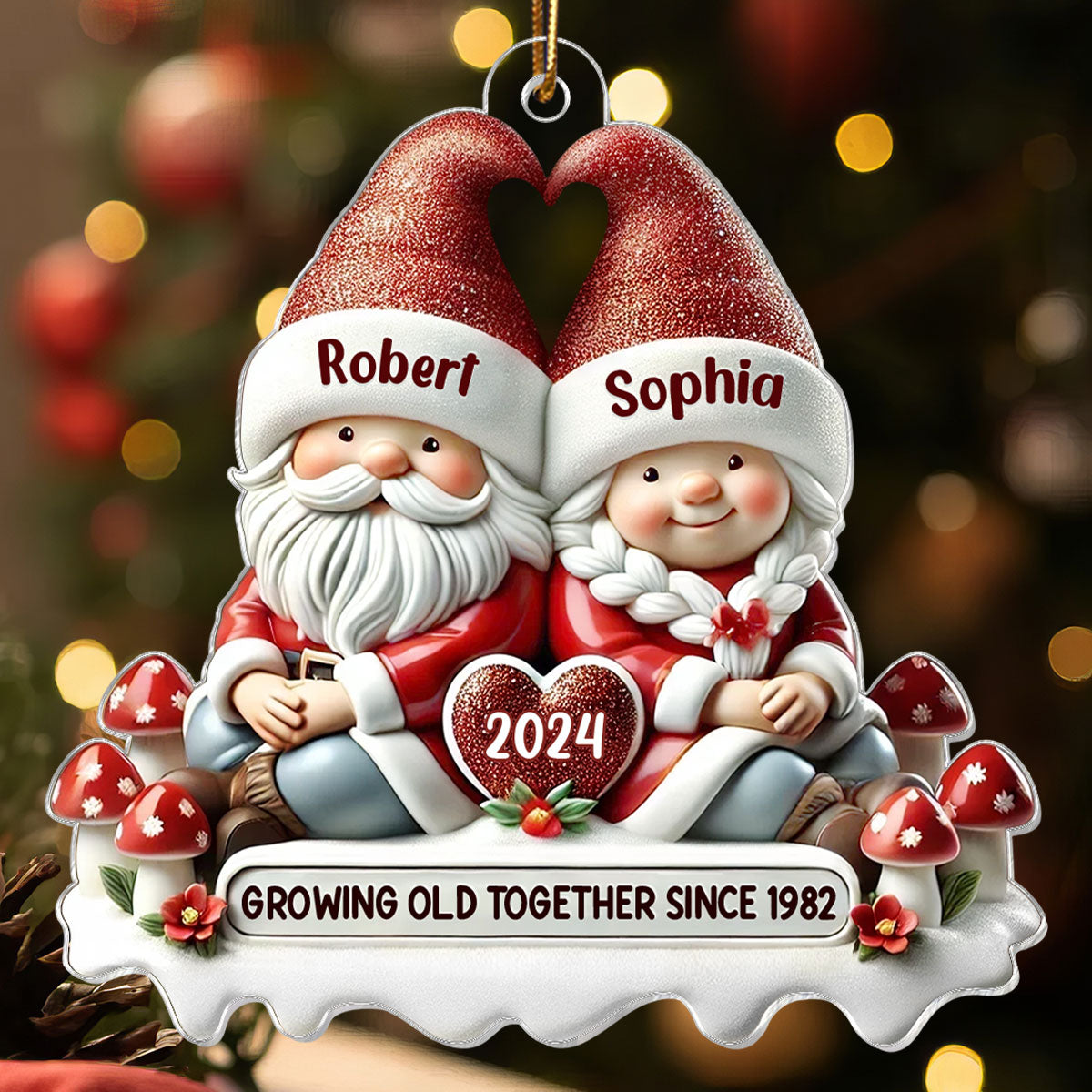 3D Effect Gnome Couple - Personalized Acrylic Ornament - Gift for Him, Gift for Her