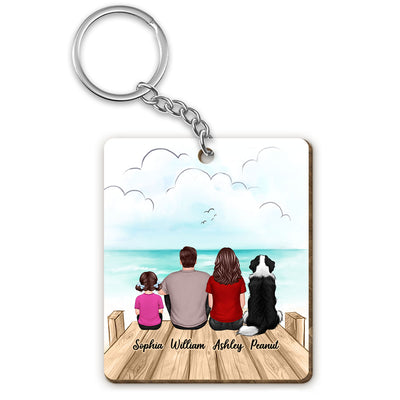 Family Dogs Cats Sitting On Bridge Personalized Wooden Keychain
