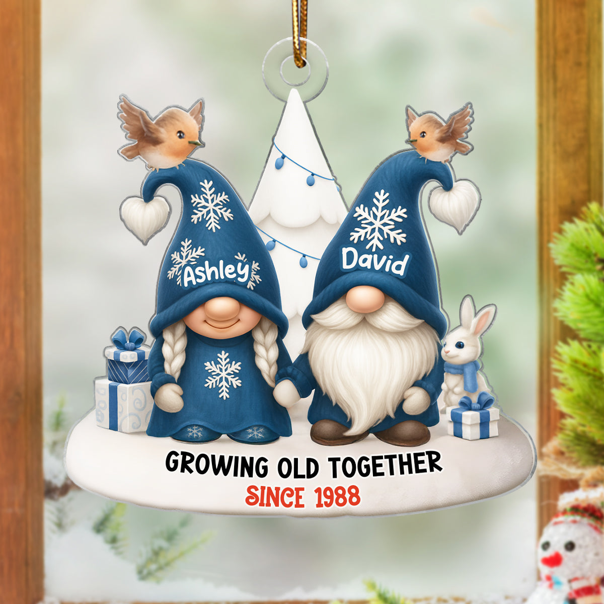 Blue Gnome Christmas Couple Growing Old Together Personalized Acrylic Ornament, Gift for him, Gift for her
