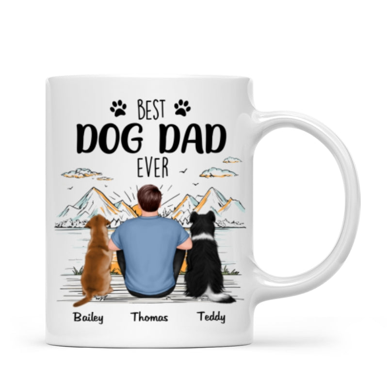 Back View Man Sitting With Dogs Best Dog Dad Ever Mountain Sketch Personalized Mug