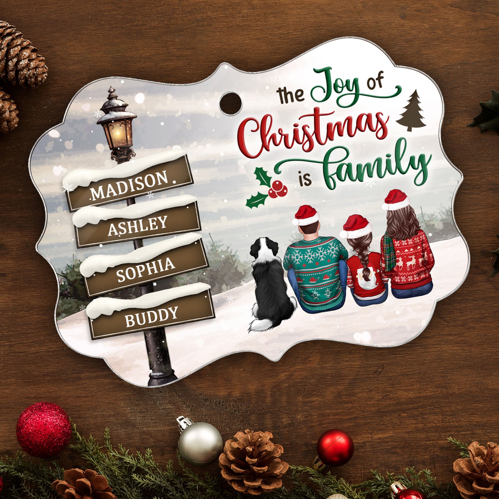 Family Back View Sitting Christmas Lamp Post Personalized Acrylic Ornament, Christmas Gift For Family