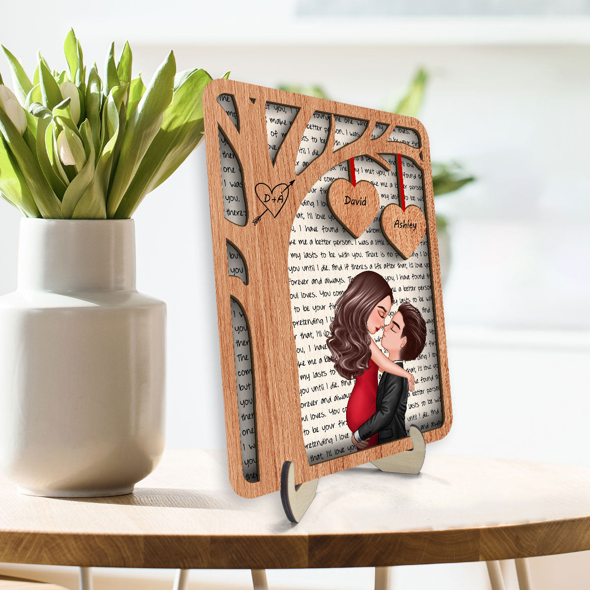 Couple Kissing Hugging Under Tree Letters Background Personalized 2-Layer Wooden Plaque