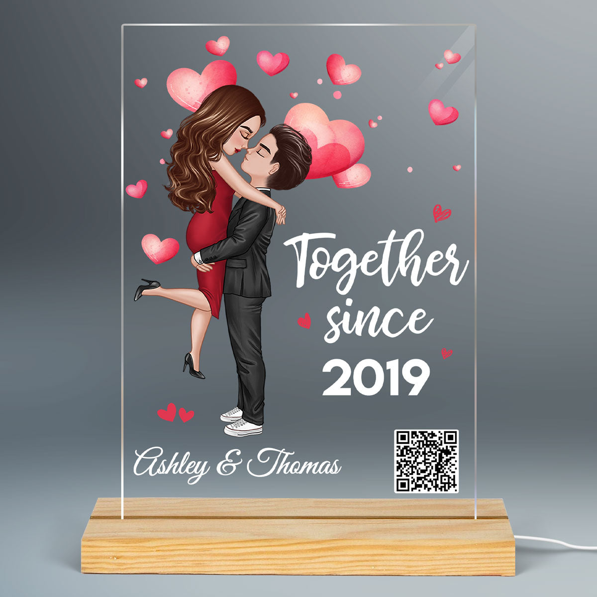 Couple Hugging Kissing Together Since Missing Piece Favorite Song Scannable QR Code Personalized Rectangle Acrylic Plaque WIth LED Night Light