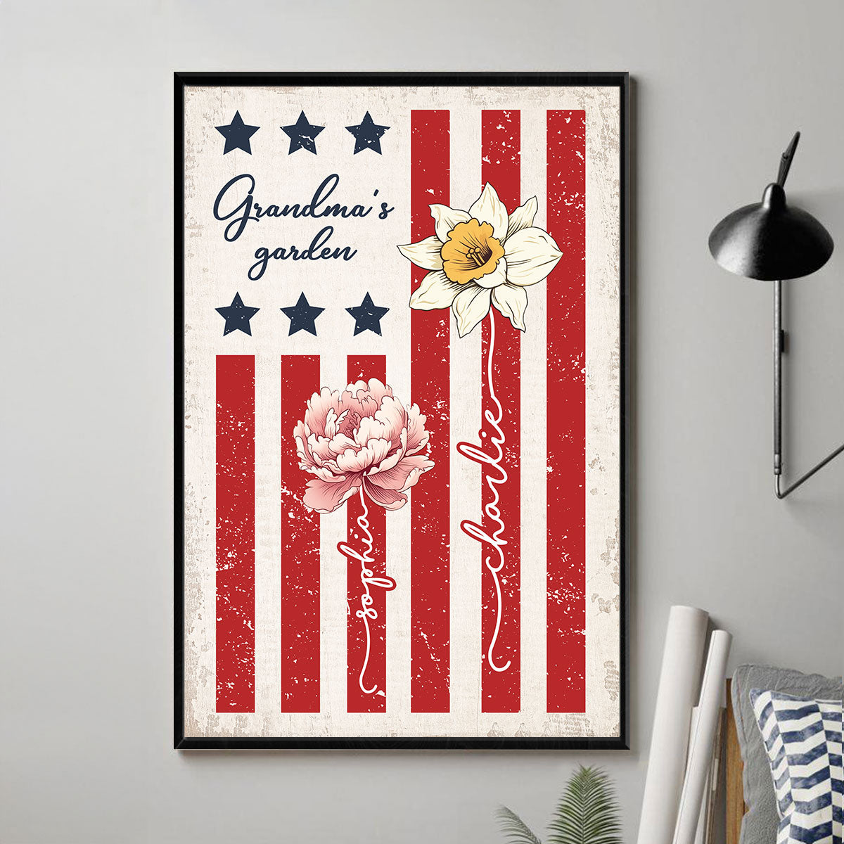 Grandma's Garden 4th Of July American Flag Personalized Poster, Birth Month Flower, Gift For Grandma
