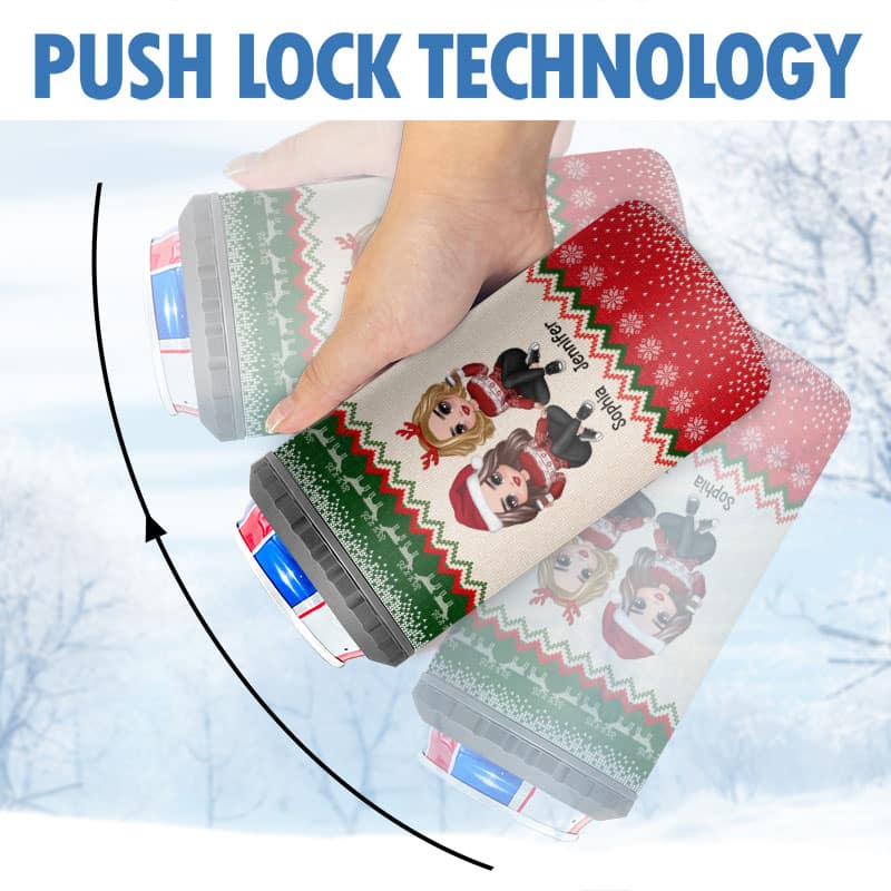Besties Sisters Christmas Ugly Sweater Pattern Personalized 4 In 1 Can Cooler