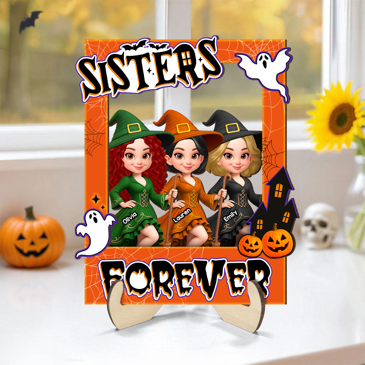 Besties Sisters Witch Photo Booth Frame Personalized 2-Layer Wooden Plaque