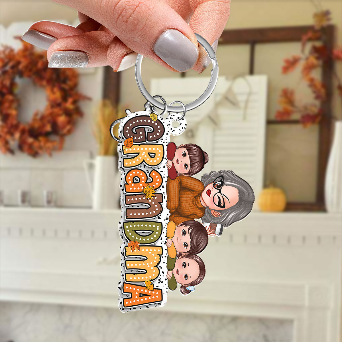 Fall Season Grandma And Kids Personalized Acrylic Keychain