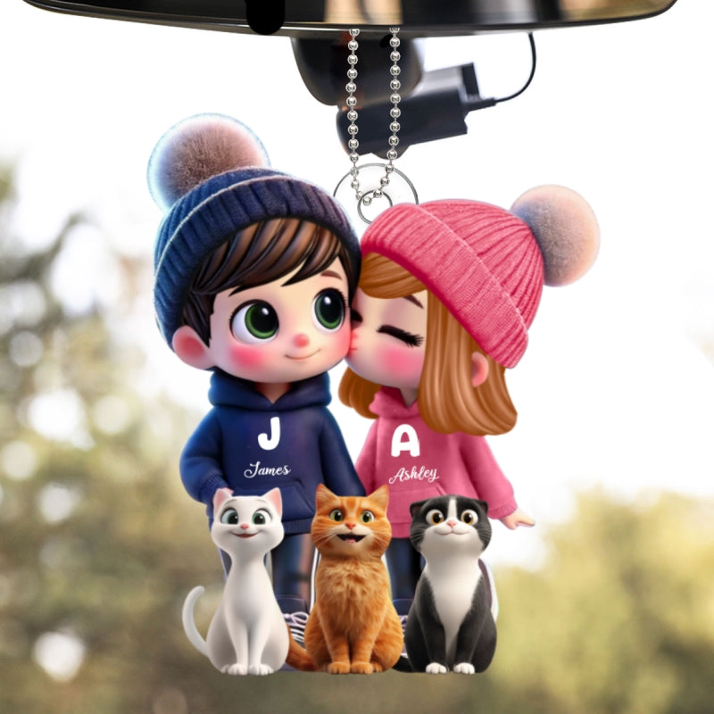 3D Effect Cute Cartoon Couple And Cats Personalized Car Ornament, Perfect Gift for him, Gift for her