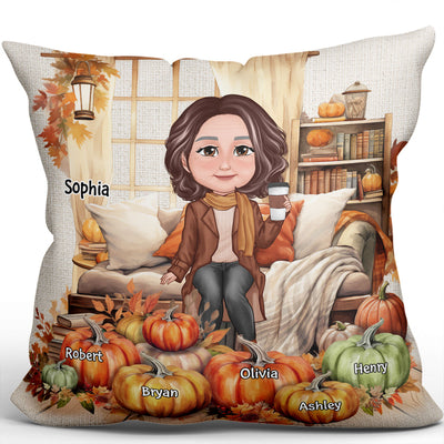 Grandma Mom Sitting Cozy Window Fall Season Personalized Pillow
