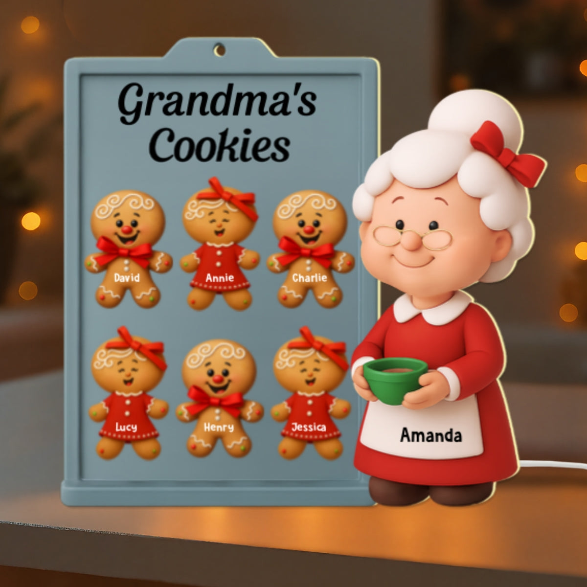 3D Effect Christmas Grandma Cookies Custom Grandkids Names - Personalized Light Box