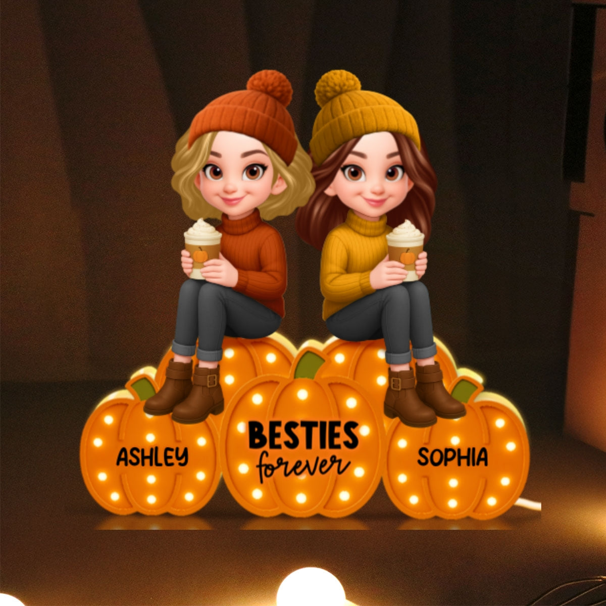 Besties Sisters Sitting On Pumpkins Marquee Pattern Effect Personalized LED Light Box, Cozy Fall Vibe Home Decoration