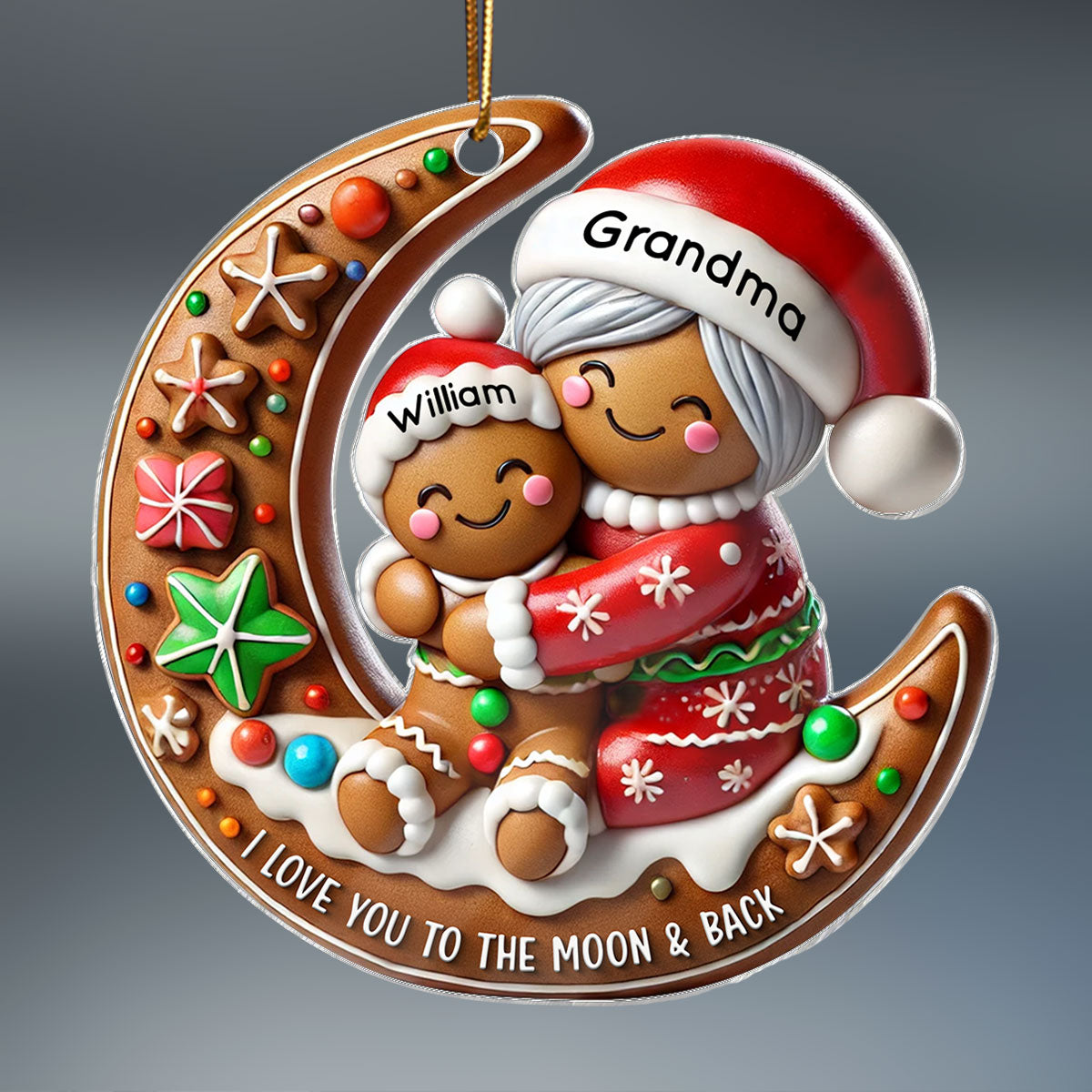 3D Effect Gingerbread Grandma Hugging Grandkid On Moon Christmas - Personalized Acrylic Ornament - Gift For Granddaughter, Grandson