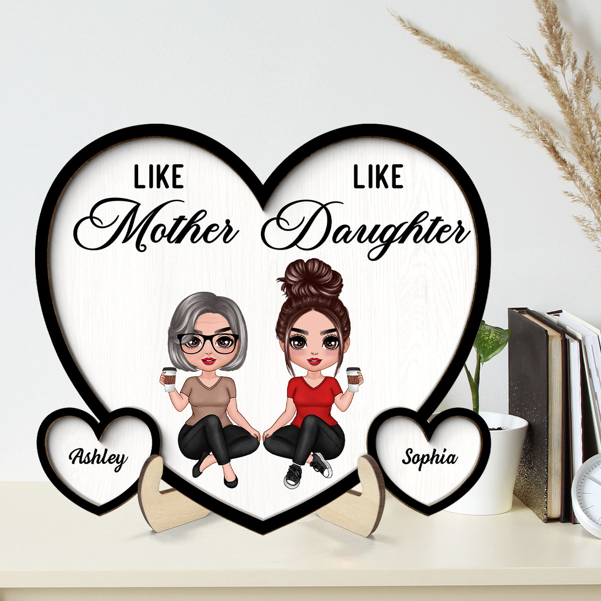 Like Mother Like Daughter Sitting Hearts Personalized 2-layer Wooden Plaque