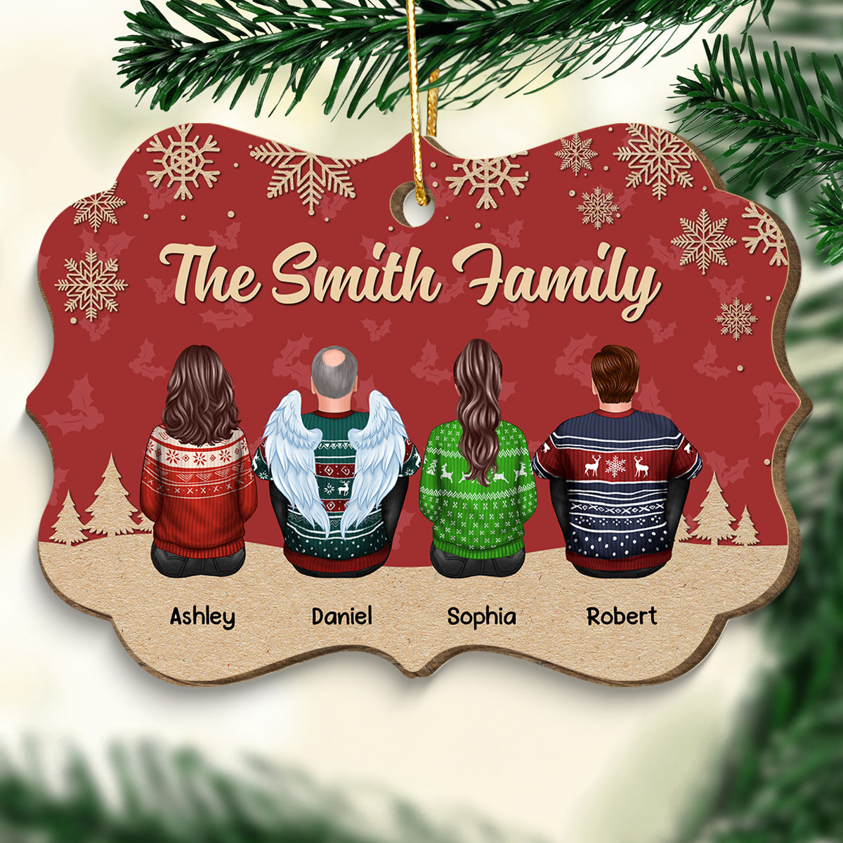 Christmas Red And Snow Family Members Grandma Grandpa Dad Mom Kids Dogs Cats Memorial Gift Personalized Wooden Ornament