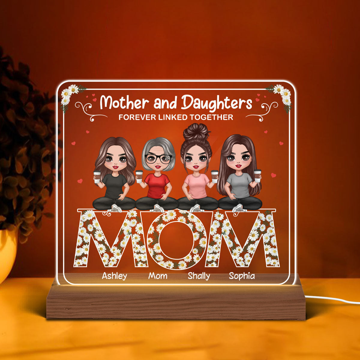 Mom And Daughters Sitting On Daisy Flowers Word Personalized Custom Shape Acrylic Plaque LED Night Light
