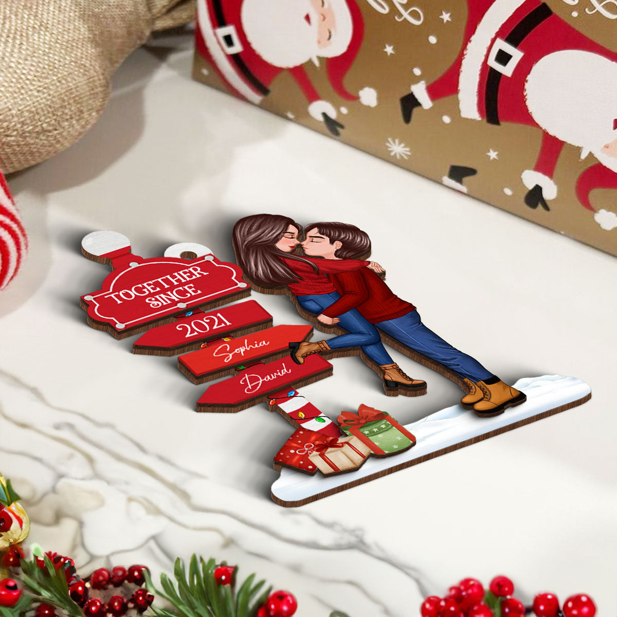 Christmas Couple Kissing Sign Personalized 2-Layer Wooden Ornament