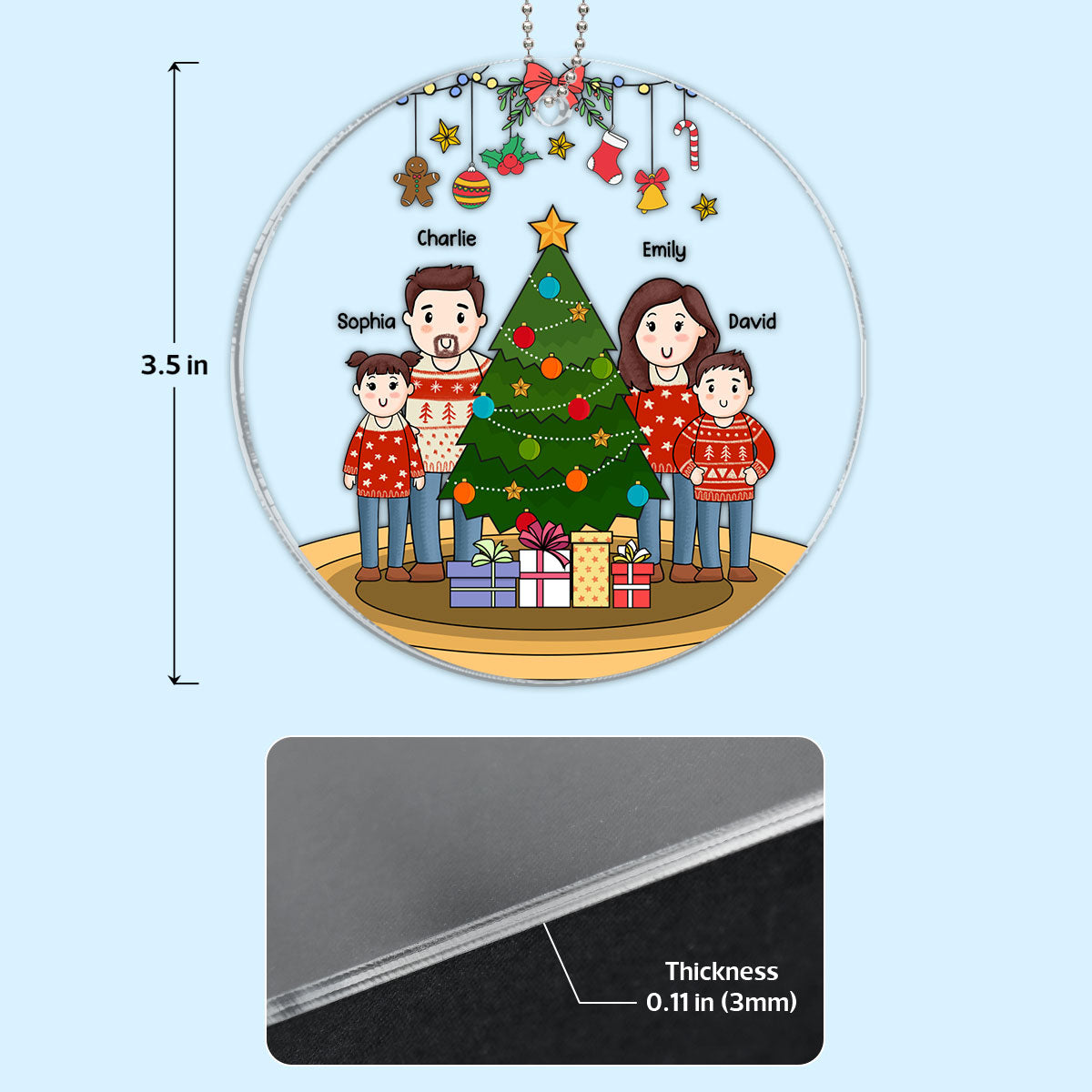 Comic Family Standing Around Christmas Tree Personalized Acrylic Ornament, Christmas Gift For Family