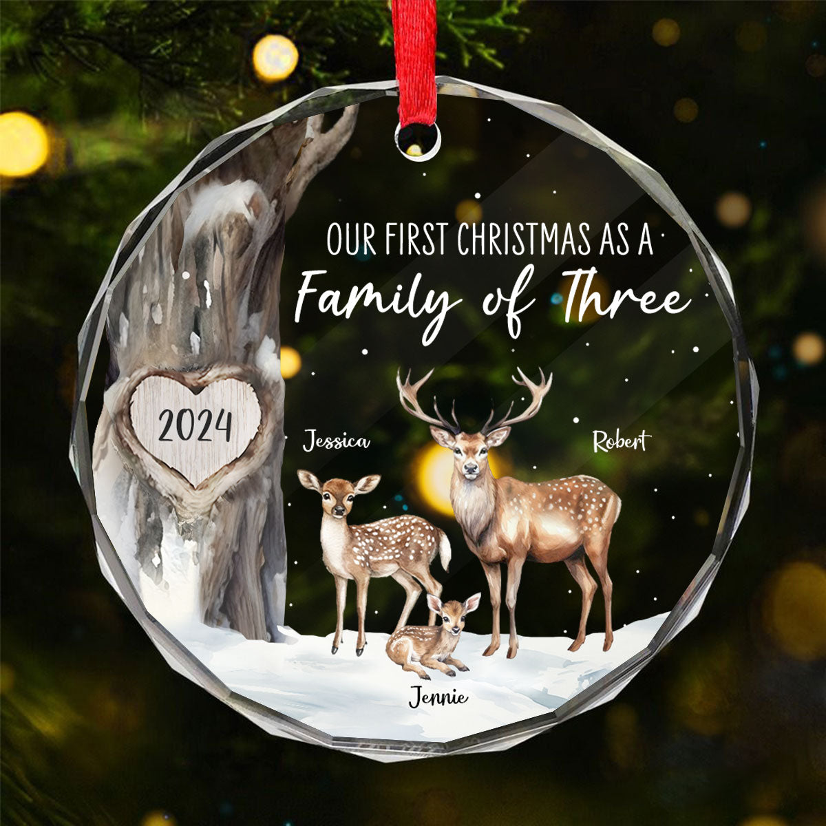First Christmas As Family Of Three Deers Personalized Glass Ornament