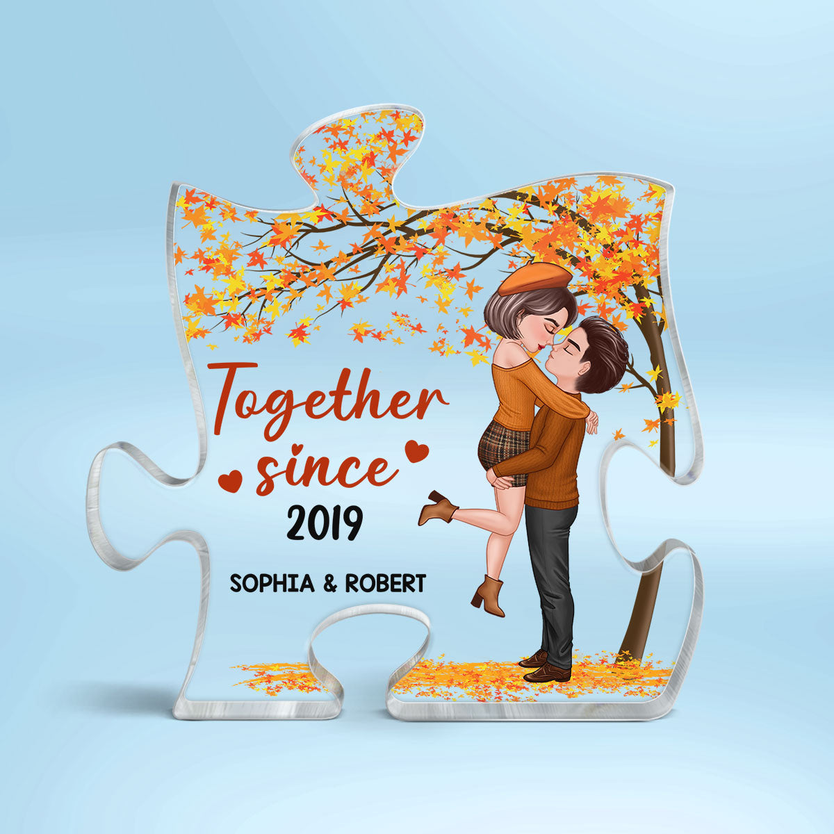 Couple Hugging Kissing Missing Piece Fall Season Autumn Personalized Acrylic Puzzle Plaque
