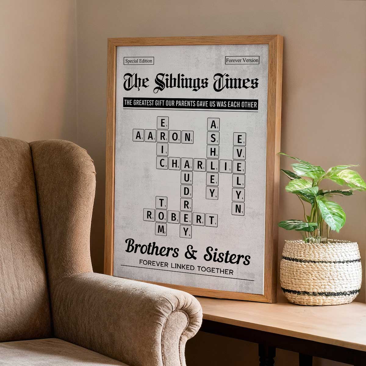 The Siblings Times Crossword Puzzle Newspaper Style - Personalized Poster - Keepsake Gift For Brothers, Sisters
