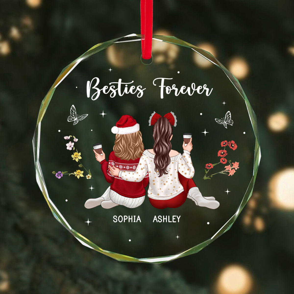 Besties Sisters Sitting Back View Zodiac Sign Birth Month Flowers Personalized Glass Ornament