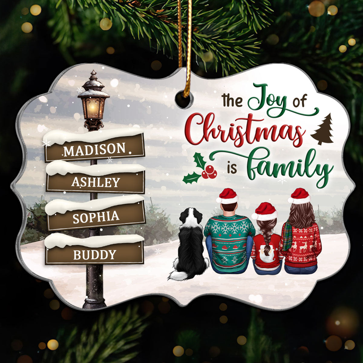 Family Back View Sitting Christmas Lamp Post Personalized Acrylic Ornament, Christmas Gift For Family