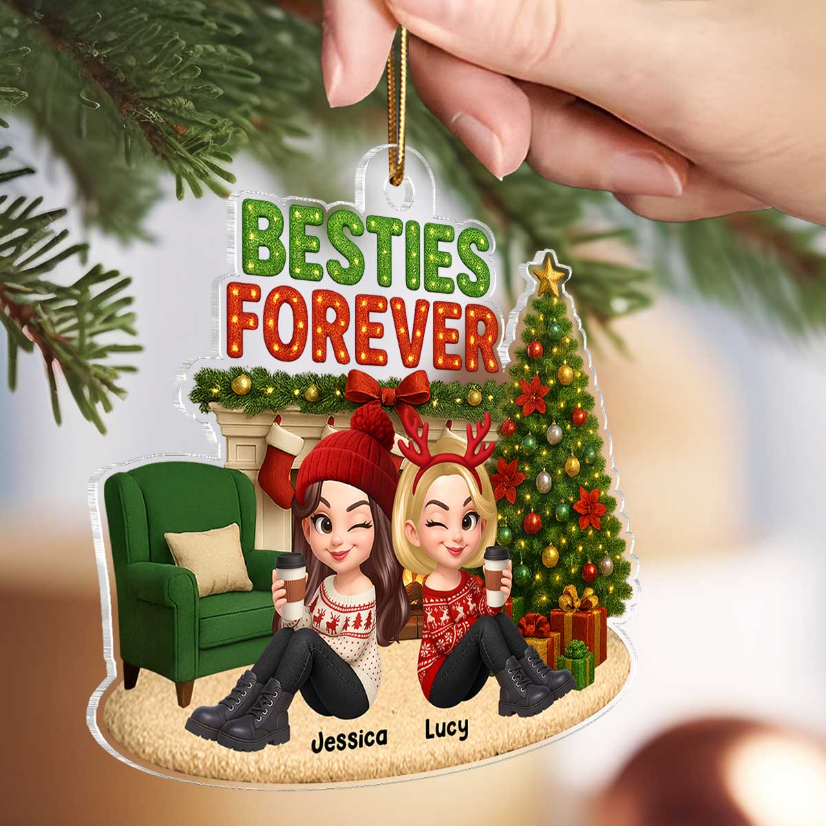 Christmas Besties Forever Cozy Fireplace - Personalized Acrylic Ornament - Gift For Best Friends